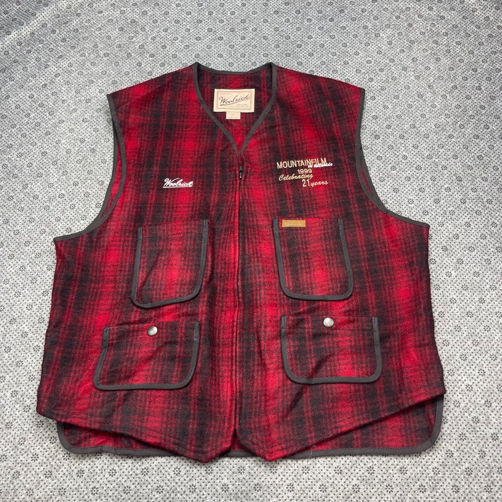 VTG Woolrich Mens L Red Black Buffalo Plaid‎ Wool Pockets Vest Mountain 1999 USA